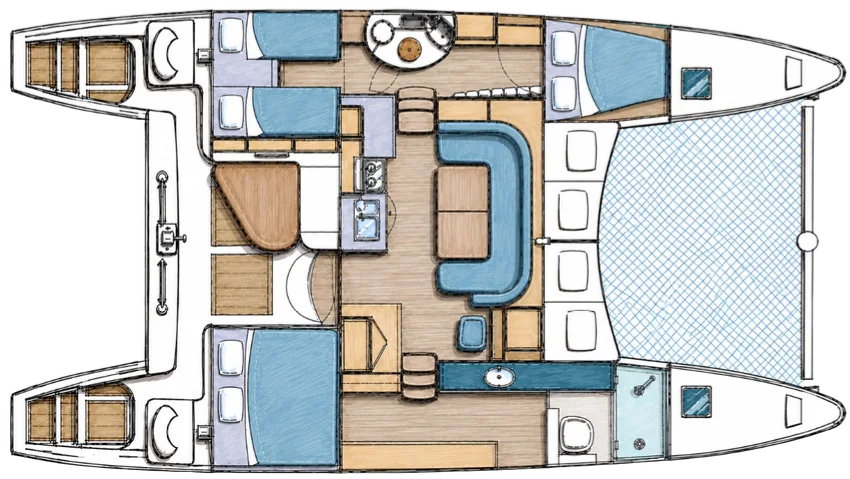 Hand-drawn floor plan of Little Cloud, our Catana 431 catamaran: three cabins, one head, salon and galley