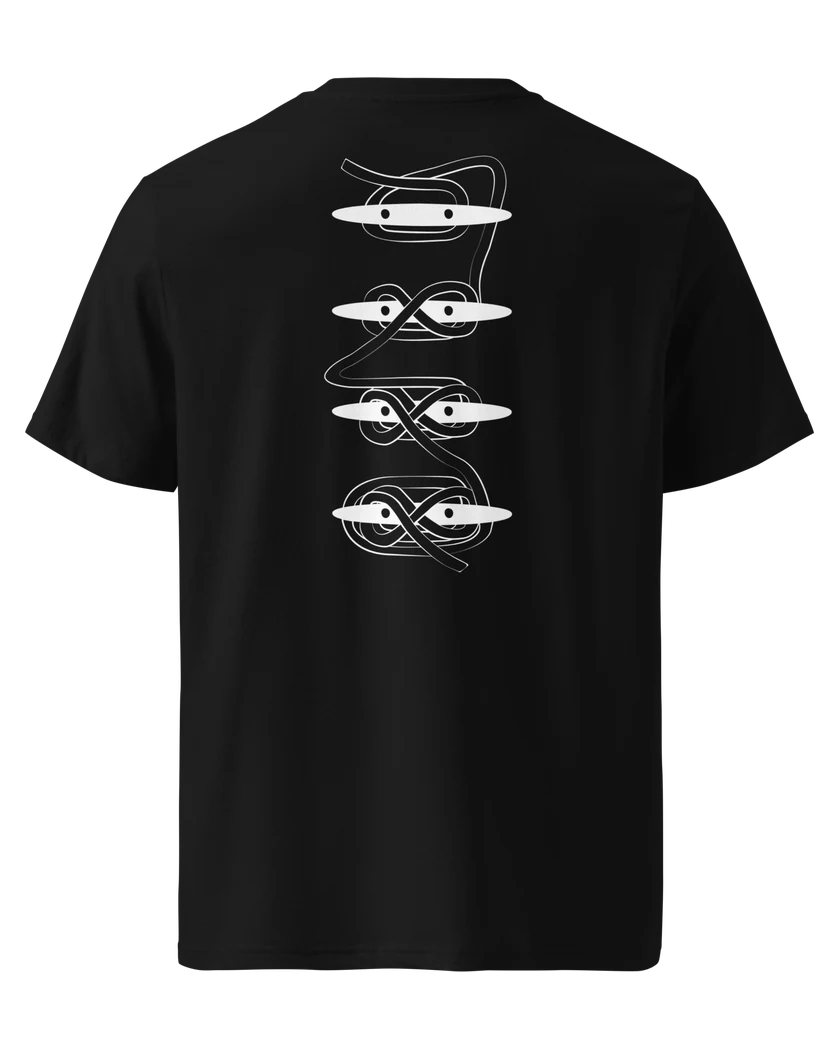 The Taquet tee, back: a four-step cleat hitch illustration printed in white on a black t-shirt