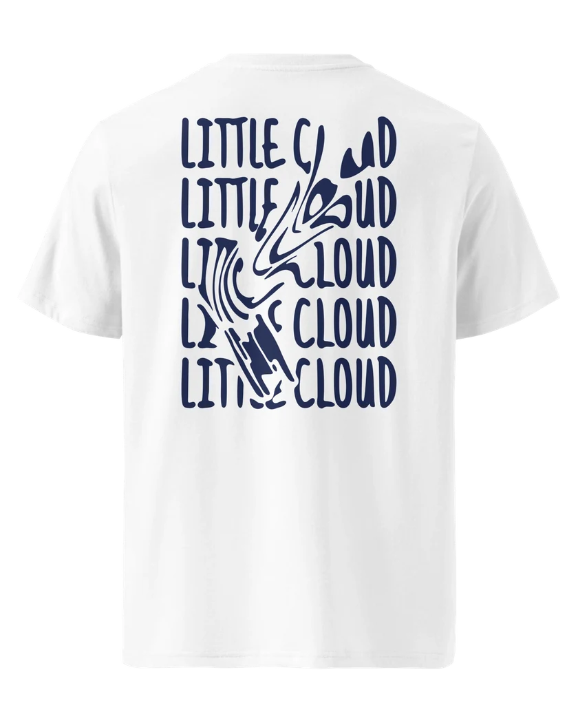 The Wavy Little Cloud t-shirt: the boat sailing through its own name, navy on white
